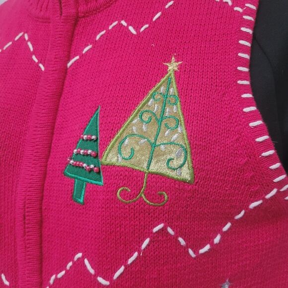 VTG Karen Scott Ugly Christmas Sweater Vest Red Xmas Trees Bling Full Zip Medium - Picture 5 of 10